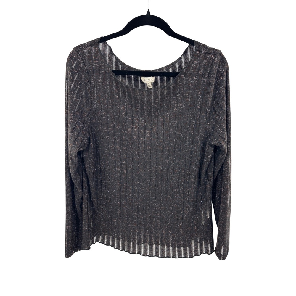 Pilcro Womens XL Metallic Ribbed Knit Long Sleeve Scoop Neck Top Charcoal Copper